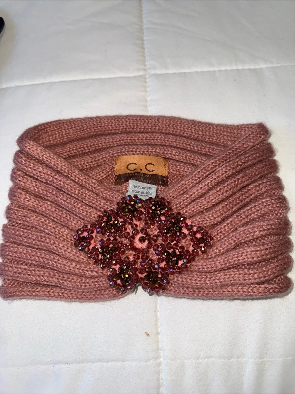 C.C. Exclusive dusty Rose Beaded Ribbed Knit Headband,  ear-warmer jewel flower